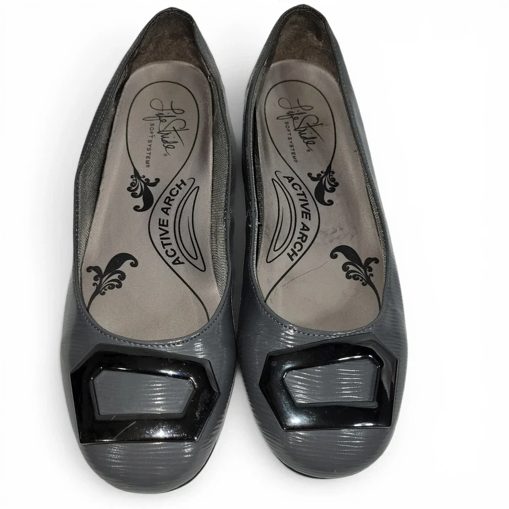 LifeStride Ballet Flats Women Size‎ 6 Gray Buckle Slip On Comfort Active Arch
